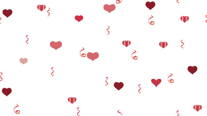 Vector Seamless Pattern on a White Background. Bright Pattern of Hearts and Serpentine. Flying Red confetti. The idea of packaging, textiles, wallpaper, banner, printing.