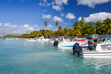 Moored boats and catamarans on the coast of the Caribbean Sea