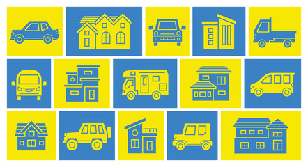 家と車のアイコンギャラリー(カラーシルエット)