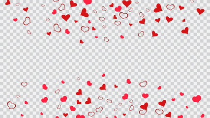 Red on Transparent background Vector. Light background. Red hearts of confetti crumbled. Part of the design of wallpaper, textiles, packaging, printing, holiday invitation for Valentine's Day.