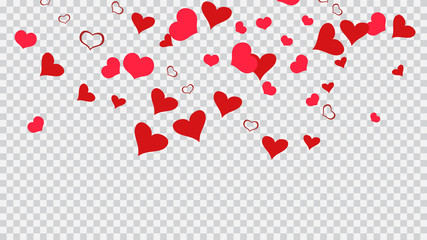 The idea of wallpaper design, textiles, packaging, printing, holiday invitation for wedding. Stylish background. Red hearts of confetti are falling. Red on Transparent background Vector.