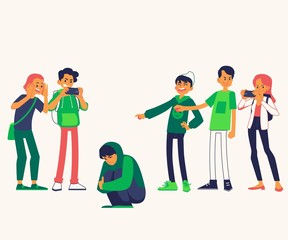 Vector concept of bullying and teen harassment. Lonely young man victim sitting holding knees with sad depressed face with male, female student viciously laughing pointing to him, making photo.