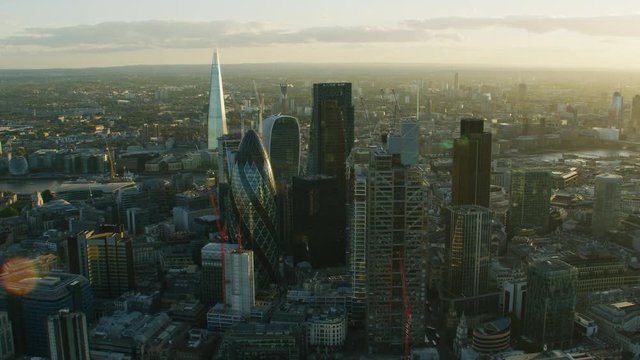 Aerial sunset view London city financial district skyline