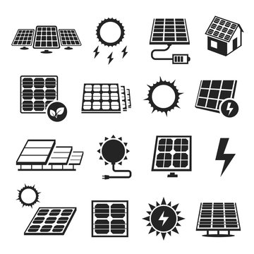 Solar panels technology, black and white icon set