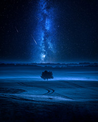 Blue milky way and falling stars over one tree