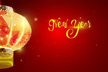 Happy Chinese New Year 2019 year. Low poly wireframe art lamp on red background. Illustration in the form of a starry sky or space, consisting of points, lines, and shapes in the form of stars.Vector