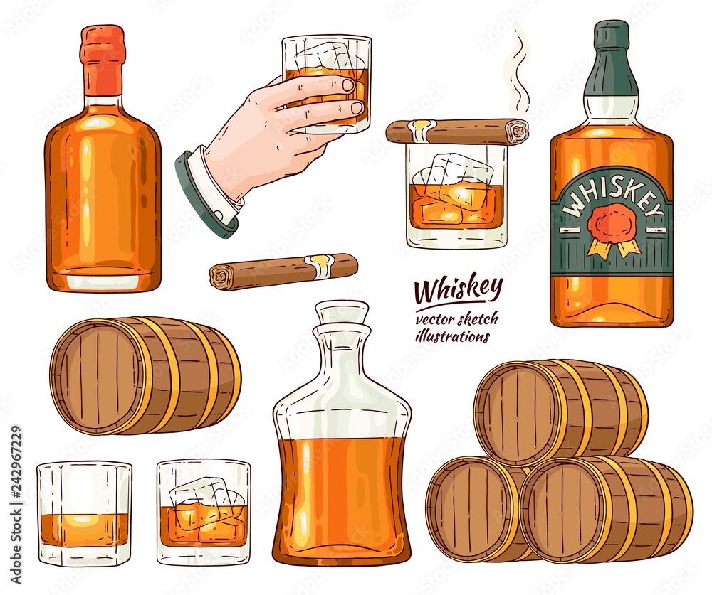 Wall mural Vector whiskey symbols set. Glass bottle, man hand holding glass of scotch with ice cubes, wooden alcohol barrel, smoking havana cigar sketch icon set. Alcohol product advertising design.