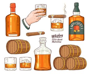 Vector whiskey symbols set. Glass bottle, man hand holding glass of scotch with ice cubes, wooden alcohol barrel, smoking havana cigar sketch icon set. Alcohol product advertising design.