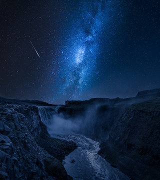 Stunning Dettifoss waterfall and milky way in Iceland at night