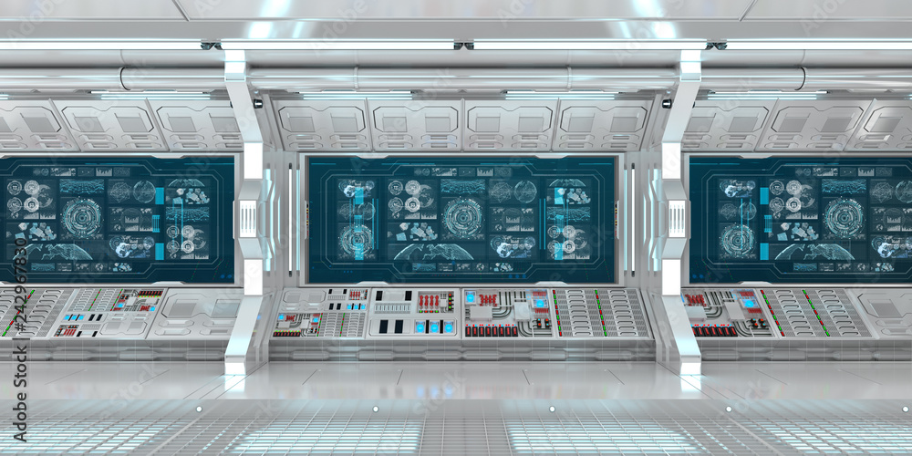 Poster white spaceship interior with control panel digital screens 3d rendering