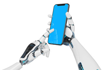 White robot hand holding smartphone mockup 3d rendering © sdecoret