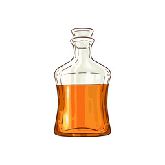 Vector half empty whiskey scotch glass bottle sketch icon. No label bottle for bourbon, rum alcohol product advertising design. Restaurant, cafe drink menu design element. Isolated illustration