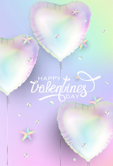 Valentines day holographic background with heart shaped air balloons and squinces and stars. Vector illustration