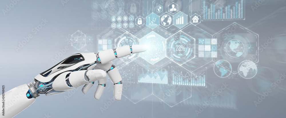 Aufkleber white cyborg hand using digital datas interface 3d rendering