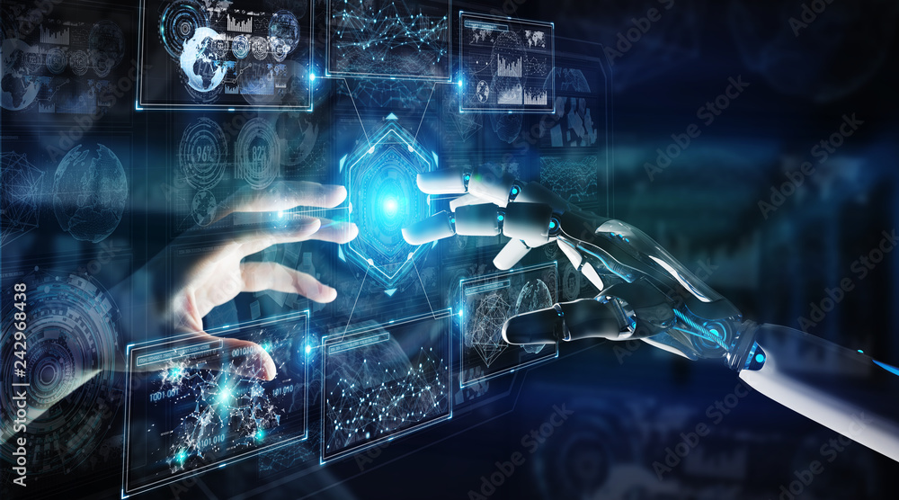 Poster robot hand and human hand touching digital graph interface 3d rendering