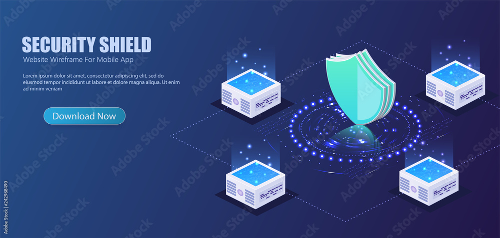 Leinwandbilder 	 3D isometric illustration of security shield server for data protection concept landing page or web template design.