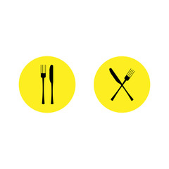Vector illustration. fork and knife icon on yellow circle on white background. Set of Restaurant menu icon, sign.
