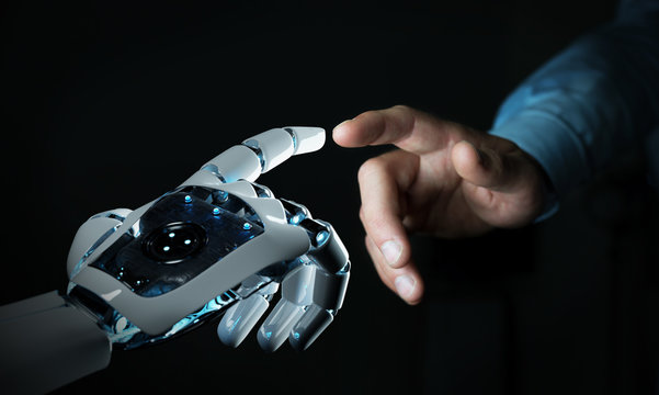 Robot hand making contact with human hand on dark background 3D rendering