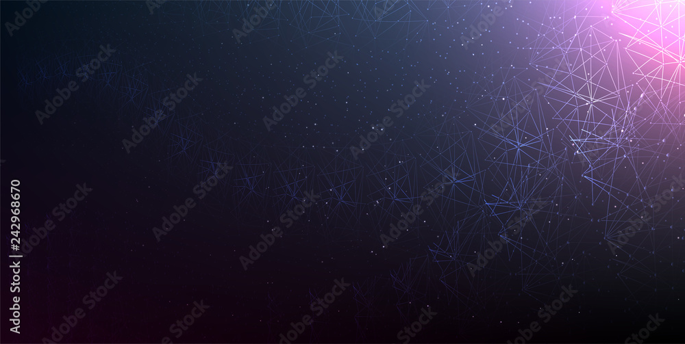 Fototapete Abstract vector illuminated particles, sparks and lines. Plexus effect. Futuristic cyber constellation. Background wireframe vector