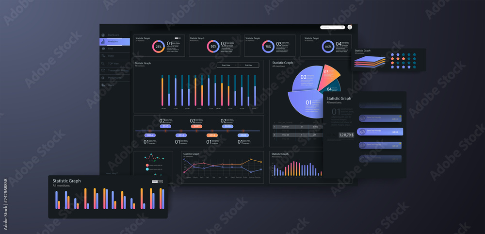 Poster infographic dashboard template with flat design graphs and charts. dashboard theme creative infograp