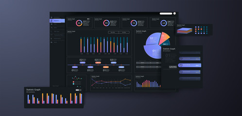 Infographic dashboard template with flat design graphs and charts. Dashboard theme creative infographic