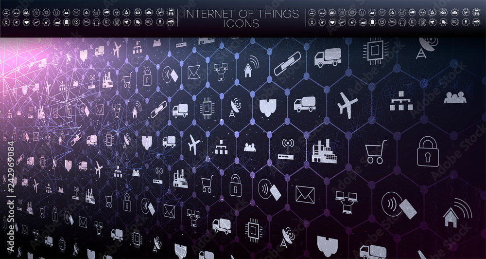 Poster internet of things (iot) and networking concept for connected devices. spider web of network connect
