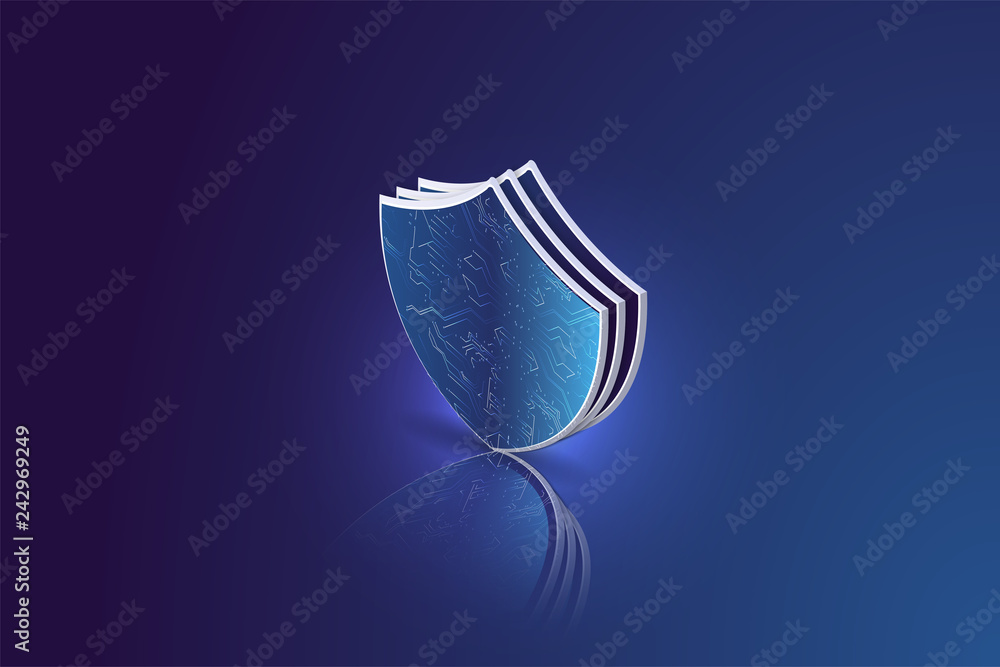 Aufkleber protection concept: blue shield icon on digital background. cybersecurity and information or network