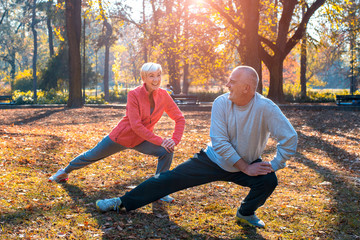 Smiling senior man and woman exercise together in autumn park