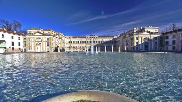 Fountain and anciente royal palace of villa reale in monza city