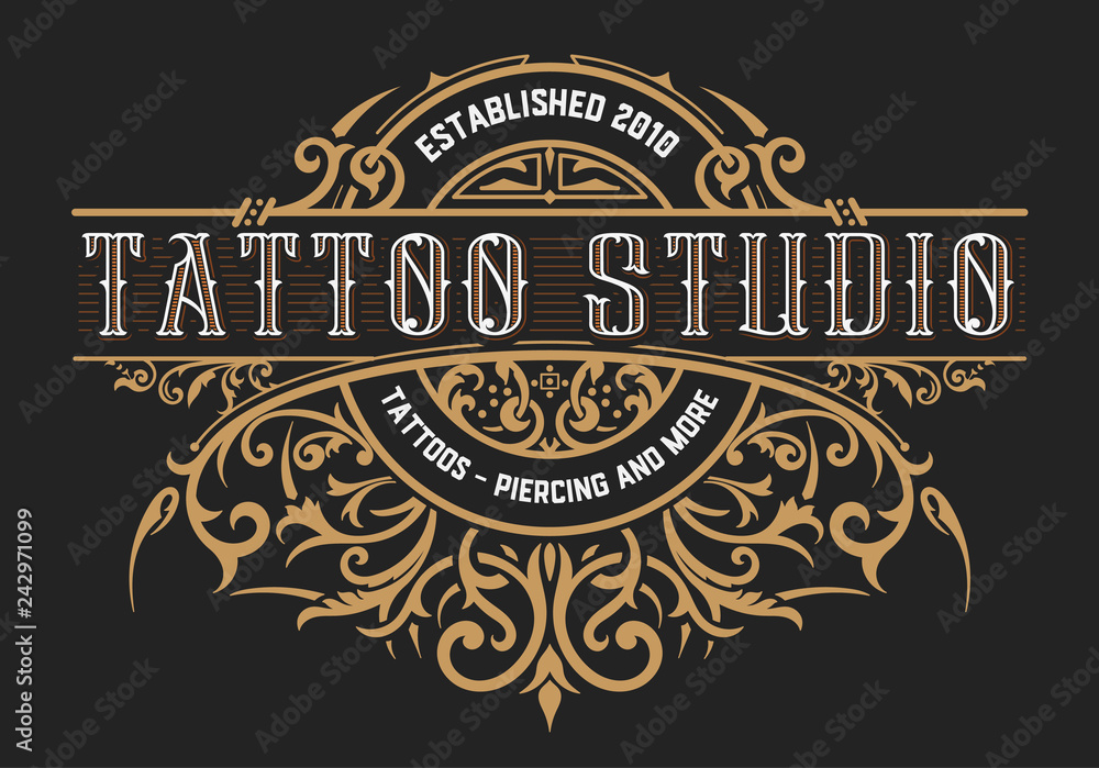 Wall mural Tattoo logo template. Old lettering on dark background with flor