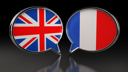 United Kingdom and France flags with Speech Bubbles. 3D illustration