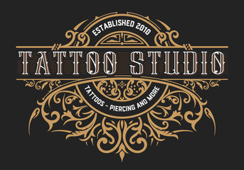 Tattoo logo template. Old lettering on dark background with flor