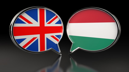 United Kingdom and Hungary flags with Speech Bubbles. 3D illustration
