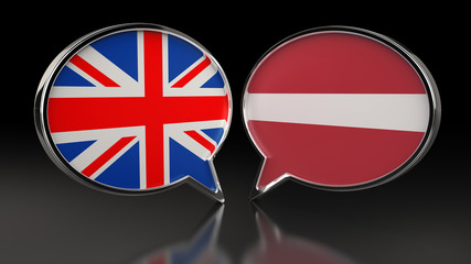 United Kingdom and Latvia flags with Speech Bubbles. 3D illustration