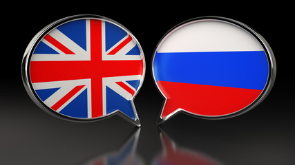 United Kingdom and Russia flags with Speech Bubbles. 3D illustration