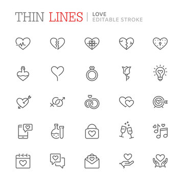 Collection of Saint Valentines Day related icons. Editable stroke