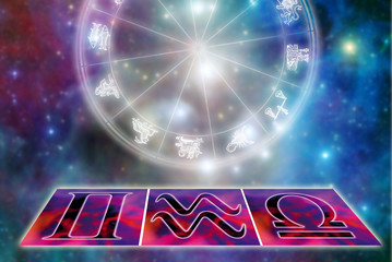 horoscope with astrology symbols and zodiac Air signs Libra, Gemini, Aquarius  over starry...