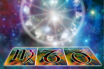 horoscope with astrology symbols and zodiac Earth signs Capricorn, Virgo, Taurus 