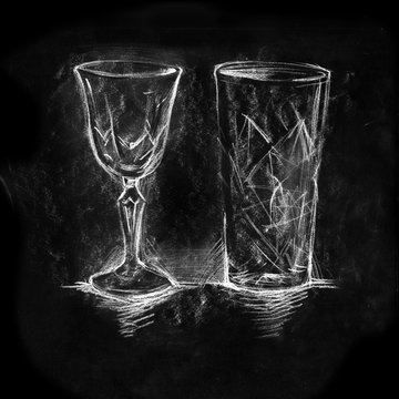 Set of chalk painted glasses for cocktails and wine, drawing on black background