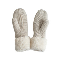 Warm winter clothes. Knitted mittens isolated on white background.