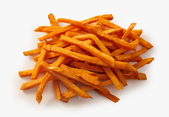 Heap of fried sweet potato chips over white