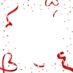 Christmas, Valentine s Day red confetti with ribbon on a white background. Falling shiny confetti glitters. Holiday Party Design Elements