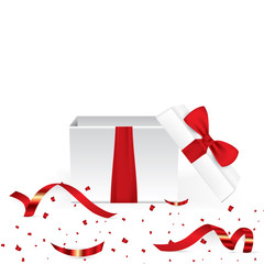 Open 3d realistic gift box with red ribbon and confetti. Vector illustration.