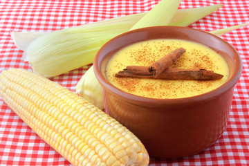 curau, cream of sweet corn and dessert typical of the Brazilian cuisine, with cinnamon placed in a ceramic bowl on a checkered tablecloth.