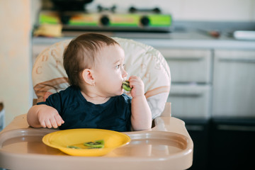 little girl on a high chair eating kiwi