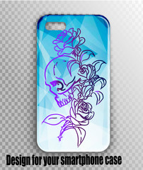 Vector accessory mockup for mobile - smartphone case. Stylish geometric polygon pattern and cool print - skull and rose. Old school style