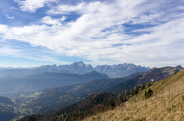 Fototapeta na wymiar Panoramic view from mountain Golica in Karavanke with mountain hut in foreground, Slovenia