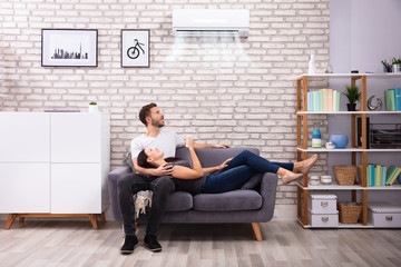 Happy Couple Operating Air Conditioner At Home