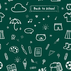 Back to school, cute stationery doodle style icon set for kids represent simple hand drawing on a chalkboard. 