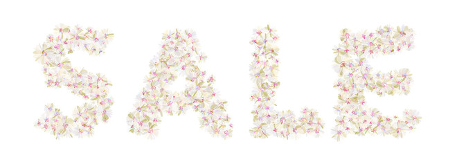 Word SALE filled with subtle pastel flowers. Isolated fine detailed design element for advertising.